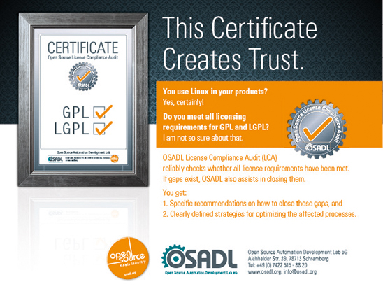 This certificate creates trust. The OSADL License Compliance Audit (LCA) reliably checks whether all license requirements have been met.